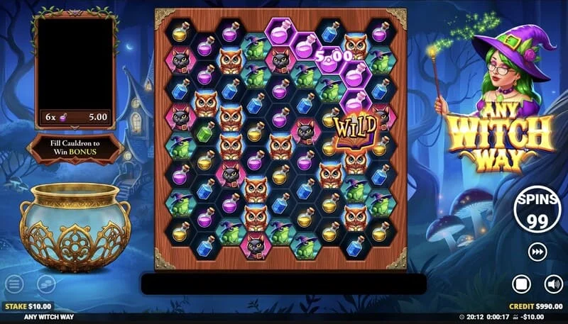 Any Witch Way – 大釜と9x8グリッドのあるゲーム画面